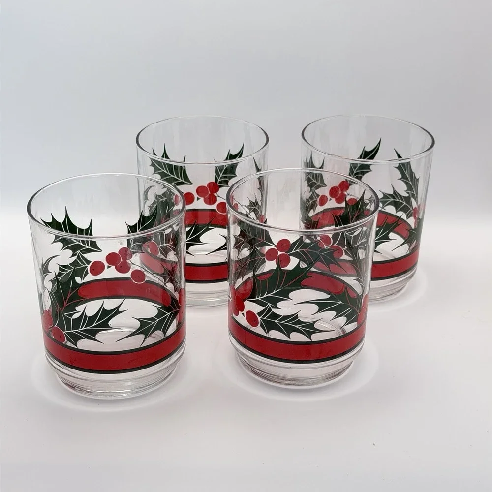4 Vintage Libbey Holly Berry Christmas Glasses Lowball Tumblers Holiday Season‎